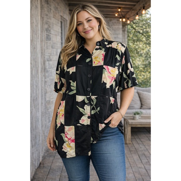 We Be Bop Tops - Vtg 90s We Be Bop Floral Tunic Patchwork Colorful Art to Wear Retro Plus Size 1X